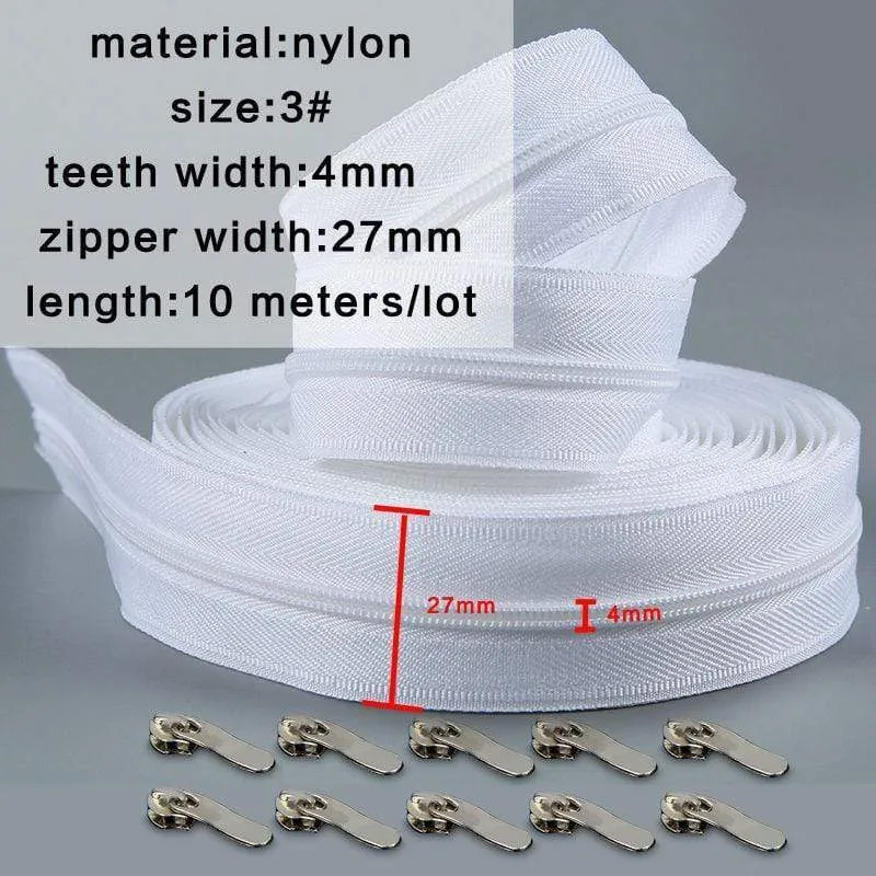 10 meters Zipper #3 White Quilt zipper Nylon coil zippers for sewing Craft
