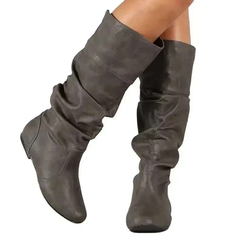 2023 Mid-Calf Boots Women Flat Shoes Spring Autumn Women High Boots Long Western Cowboy Boots Women Footwear Large size 35-43