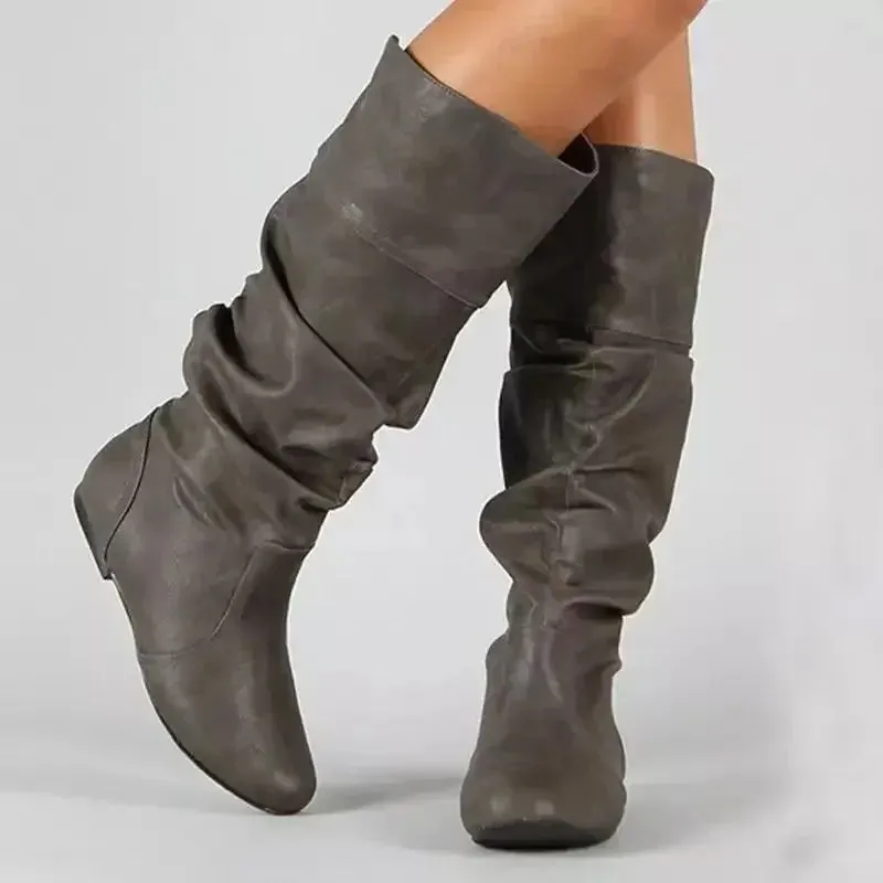 2023 Mid-Calf Boots Women Flat Shoes Spring Autumn Women High Boots Long Western Cowboy Boots Women Footwear Large size 35-43