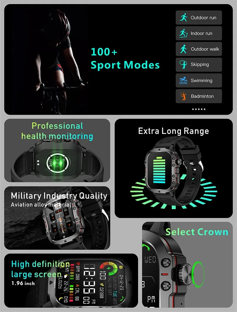 2025 Men's Military Smart Watch 1.96" HD BT Call Fitness Tracker IP68