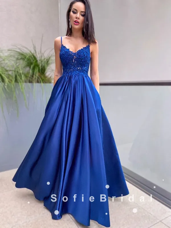 A-Line V-Neck Spaghetti Straps Royal Blue Long Prom Dresses With Lace,SFPD0056