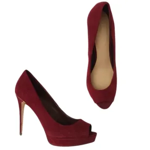 ALDO Faux Suede Burgundy Peep Toe Platform Stiletto Heels with Gold trim Size 8