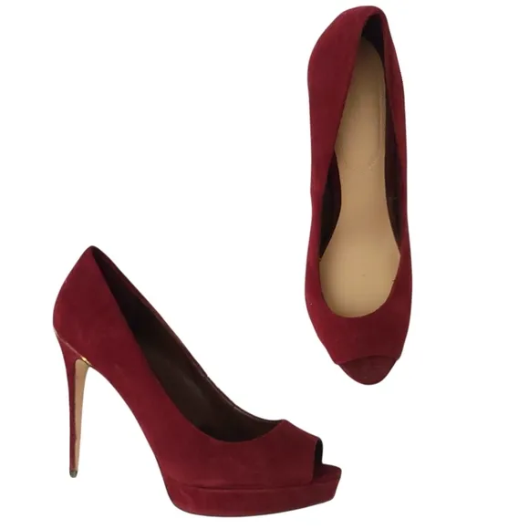ALDO Faux Suede Burgundy Peep Toe Platform Stiletto Heels with Gold trim Size 8