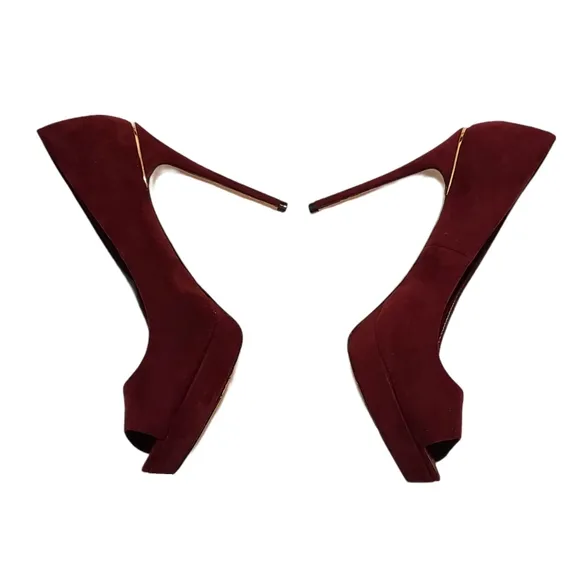 ALDO Faux Suede Burgundy Peep Toe Platform Stiletto Heels with Gold trim Size 8
