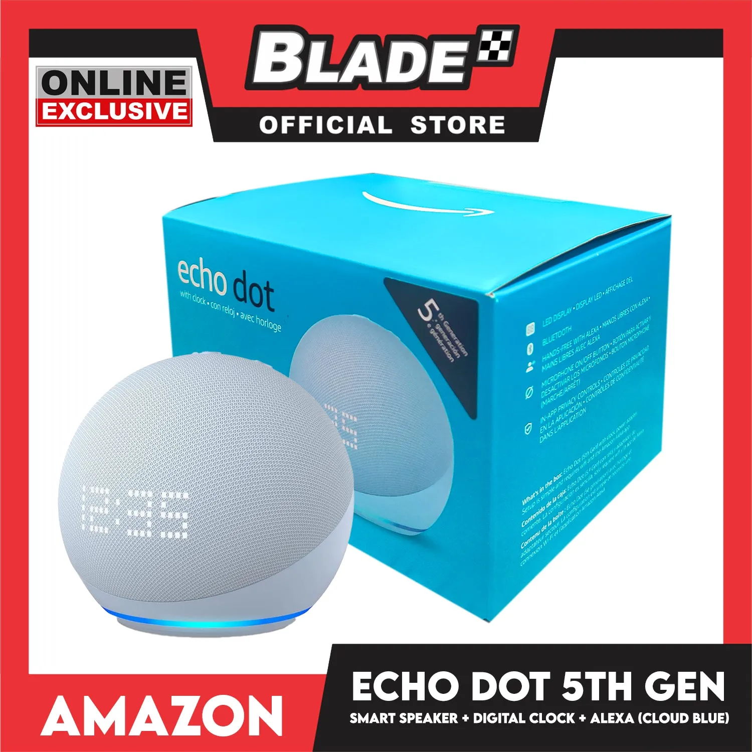 Amazon Echo Dot 5th Gen Smart Speaker with Digital Clock and Alexa (Cloud Blue)