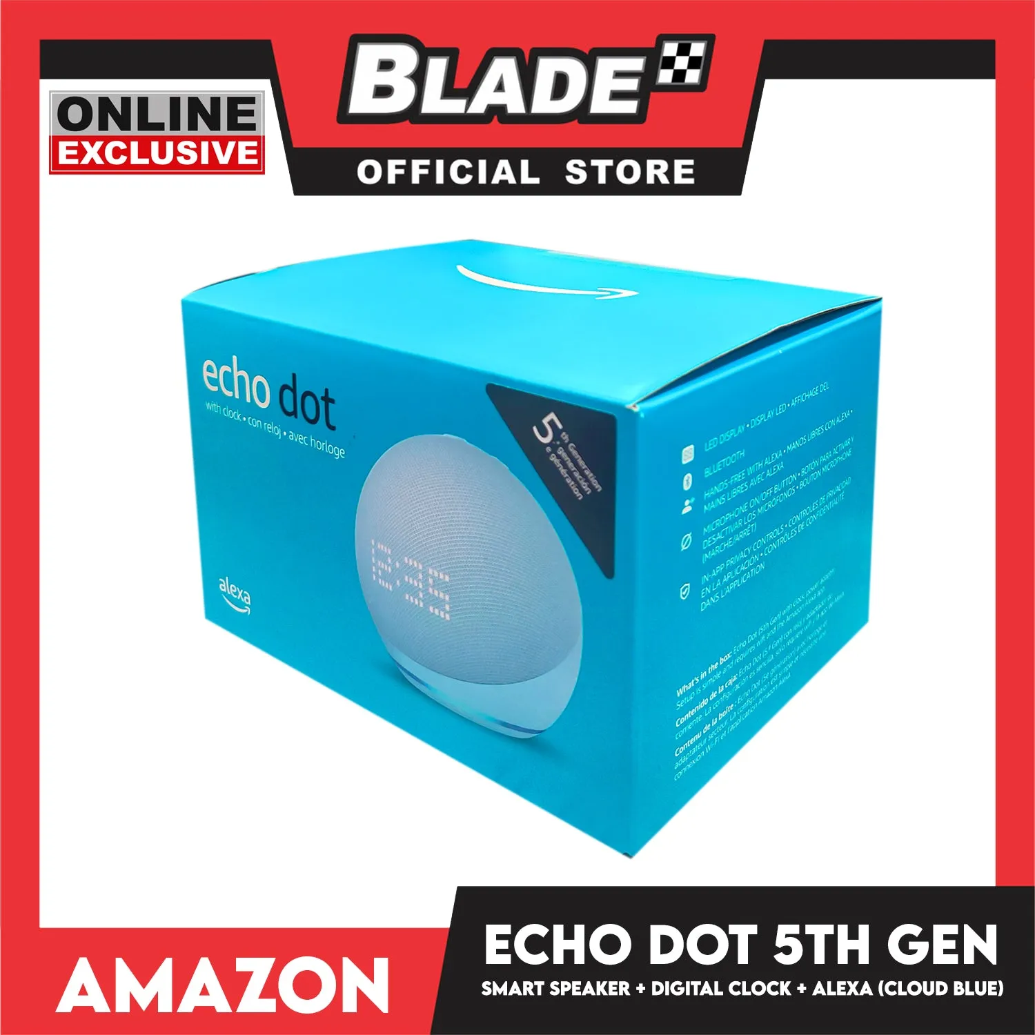 Amazon Echo Dot 5th Gen Smart Speaker with Digital Clock and Alexa (Cloud Blue)
