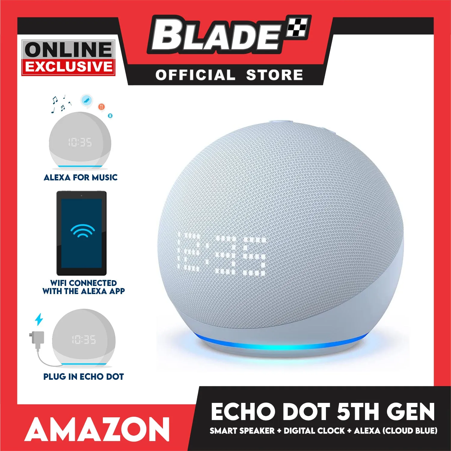 Amazon Echo Dot 5th Gen Smart Speaker with Digital Clock and Alexa (Cloud Blue)