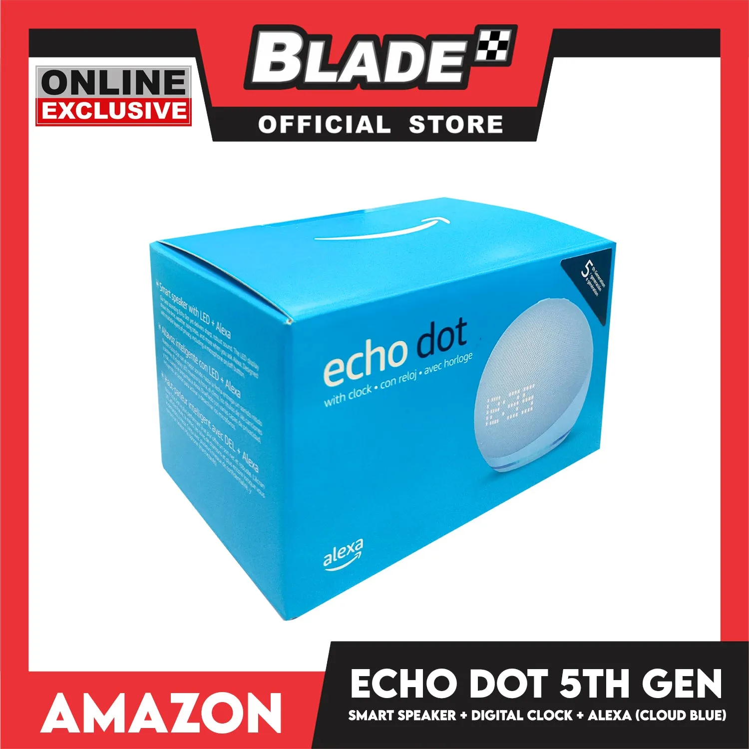 Amazon Echo Dot 5th Gen Smart Speaker with Digital Clock and Alexa (Cloud Blue)
