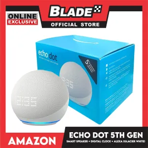 Amazon Echo Dot 5th Gen Smart Speaker with Digital Clock and Alexa (Glacier White)