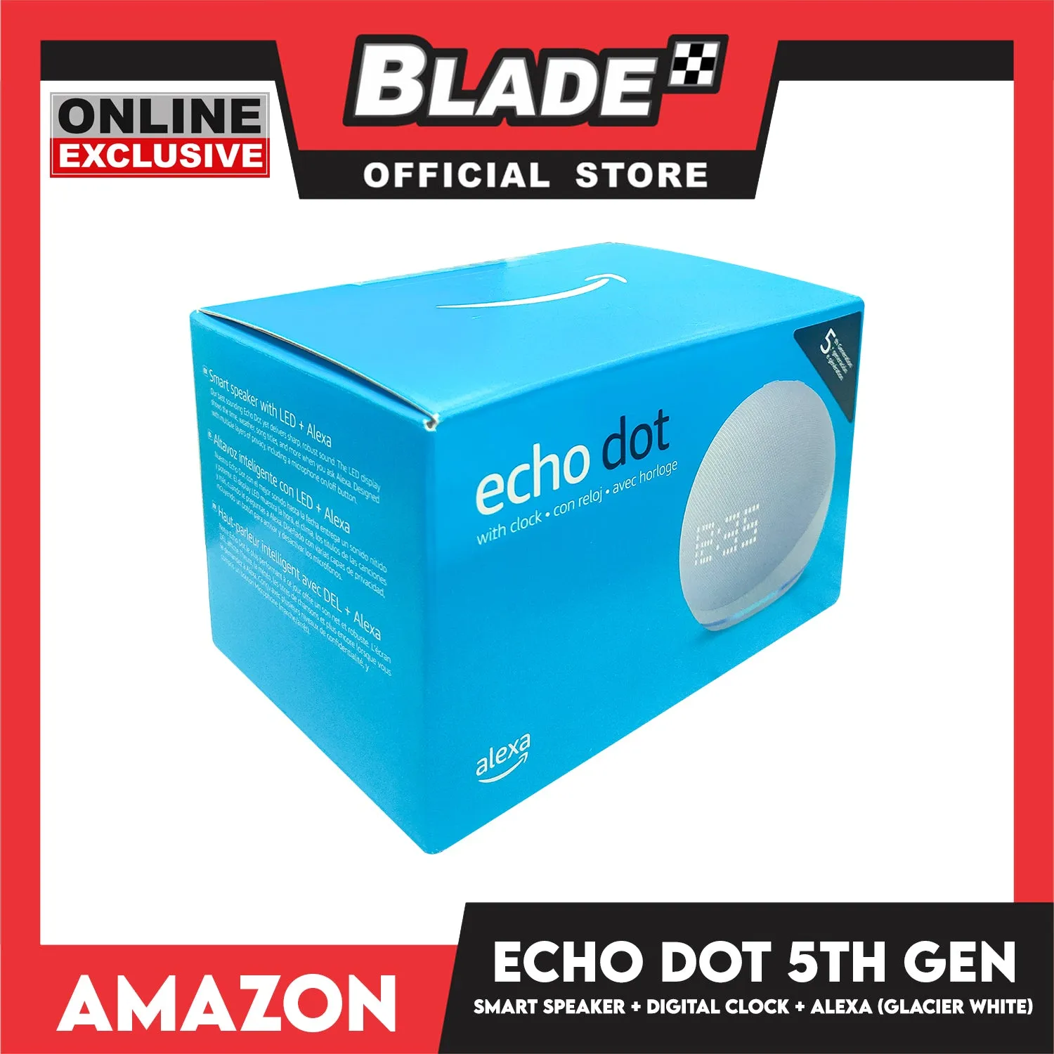 Amazon Echo Dot 5th Gen Smart Speaker with Digital Clock and Alexa (Glacier White)