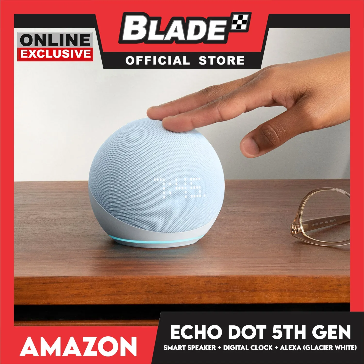 Amazon Echo Dot 5th Gen Smart Speaker with Digital Clock and Alexa (Glacier White)
