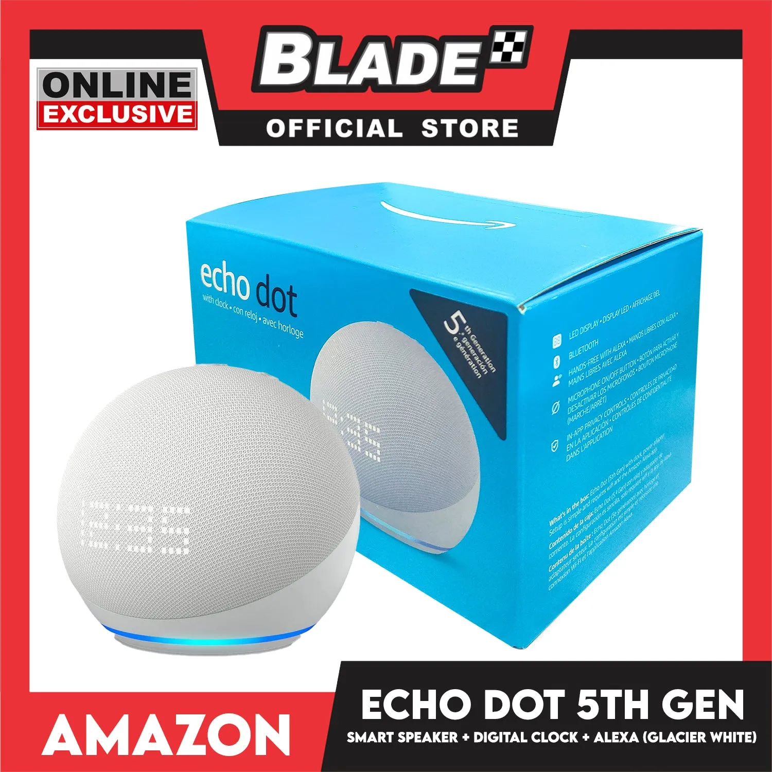Amazon Echo Dot 5th Gen Smart Speaker with Digital Clock and Alexa (Glacier White)