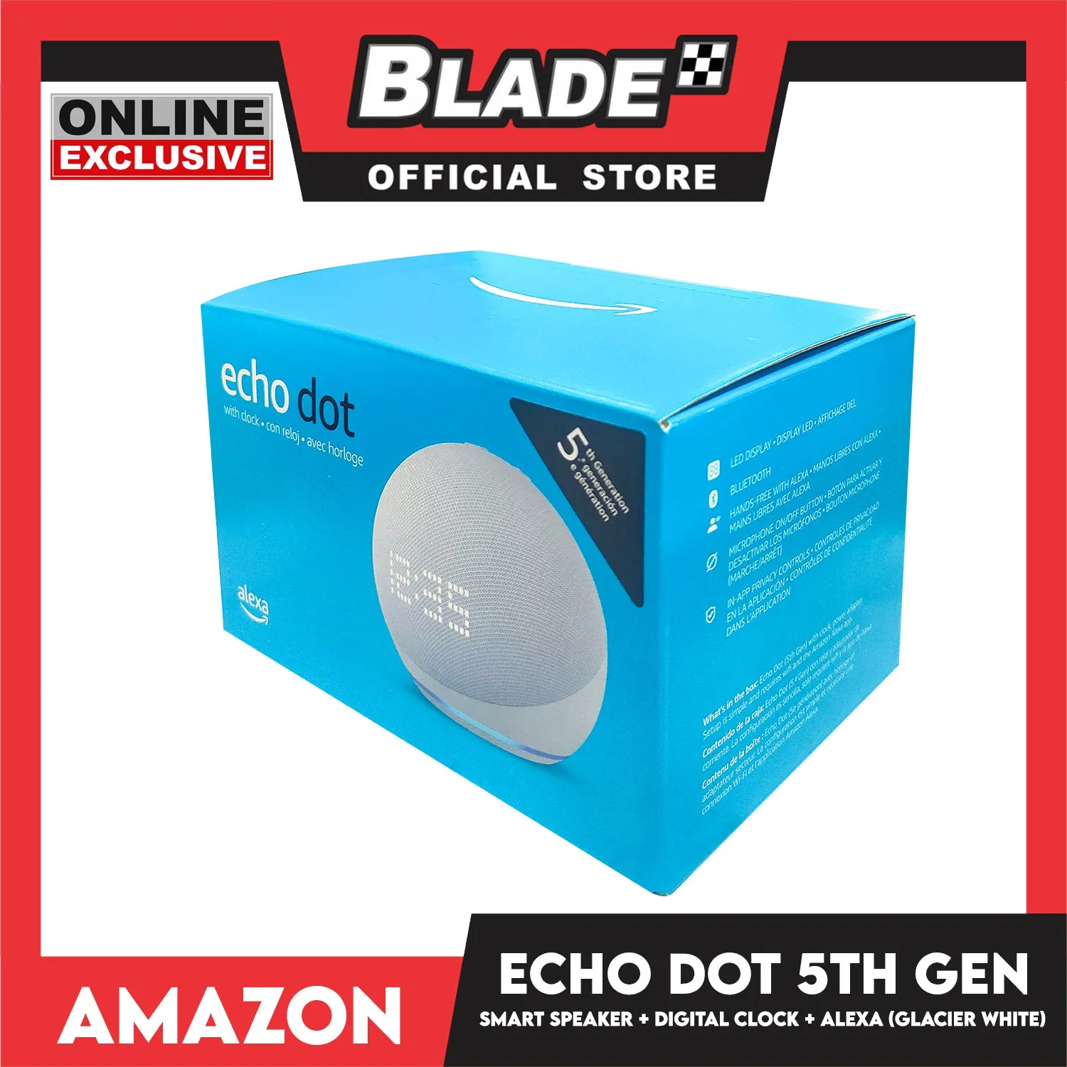 Amazon Echo Dot 5th Gen Smart Speaker with Digital Clock and Alexa (Glacier White)