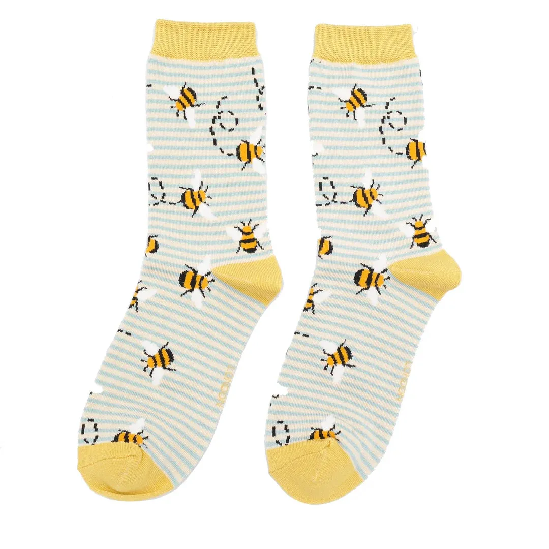 Bees Stripes Bamboo Socks in Duck Egg & Cream by Miss Sparrow, Size UK 4-7