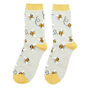 Bees Stripes Bamboo Socks in Duck Egg & Cream by Miss Sparrow, Size UK 4-7