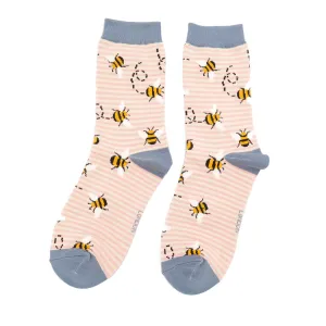 Bees Stripes Bamboo Socks in Pink & Cream by Miss Sparrow, Size UK 4-7