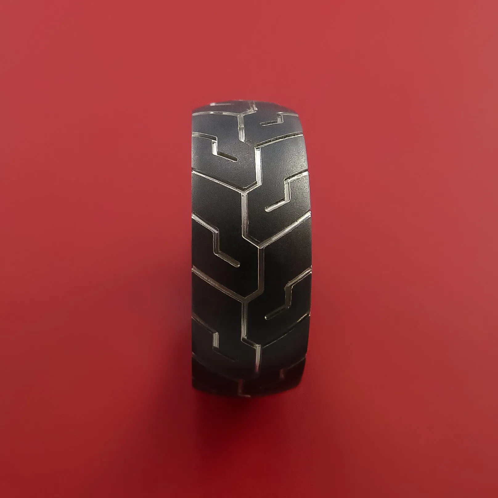 Black Zirconium Ring with Motorcycle Tire Tread Pattern Inlay Custom Made Band
