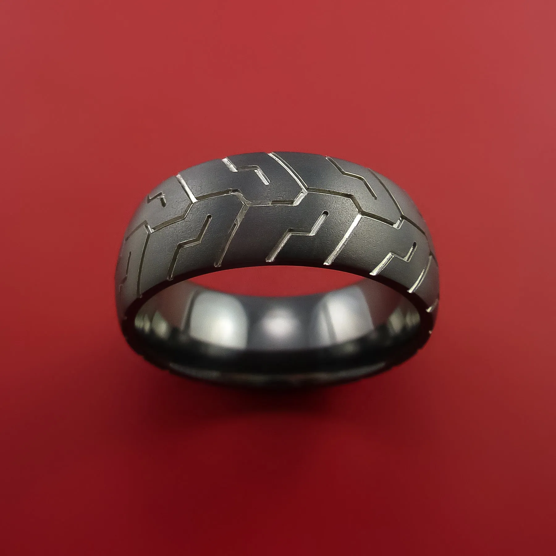 Black Zirconium Ring with Motorcycle Tire Tread Pattern Inlay Custom Made Band