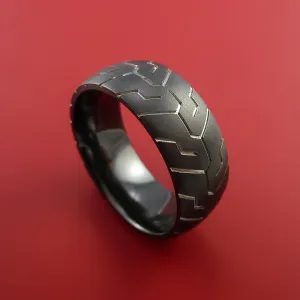 Black Zirconium Ring with Motorcycle Tire Tread Pattern Inlay Custom Made Band