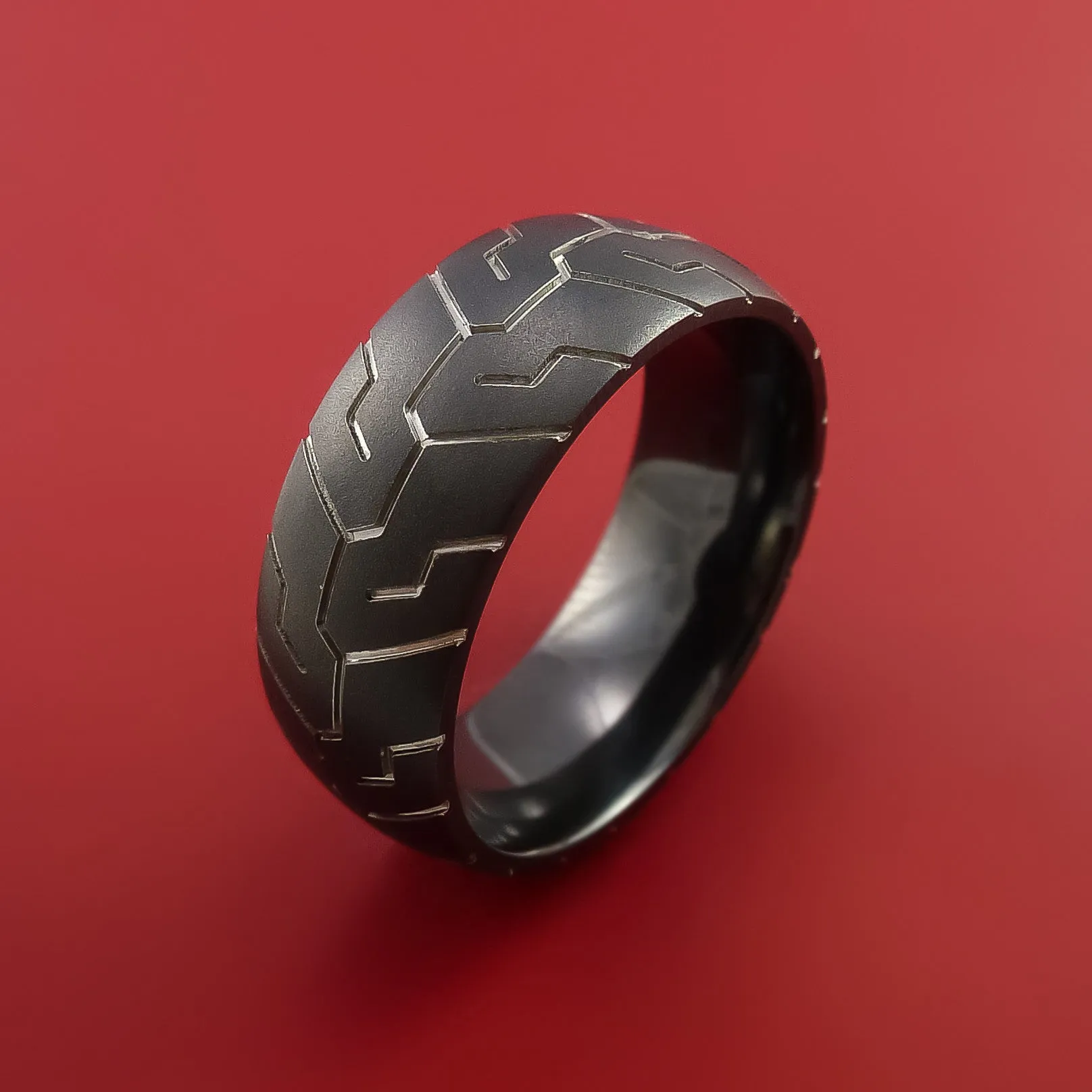 Black Zirconium Ring with Motorcycle Tire Tread Pattern Inlay Custom Made Band