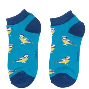 Bluetits Bamboo Trainer Socks in Teal by Miss Sparrow, Size UK 4-7