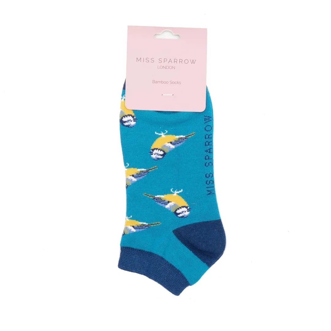 Bluetits Bamboo Trainer Socks in Teal by Miss Sparrow, Size UK 4-7