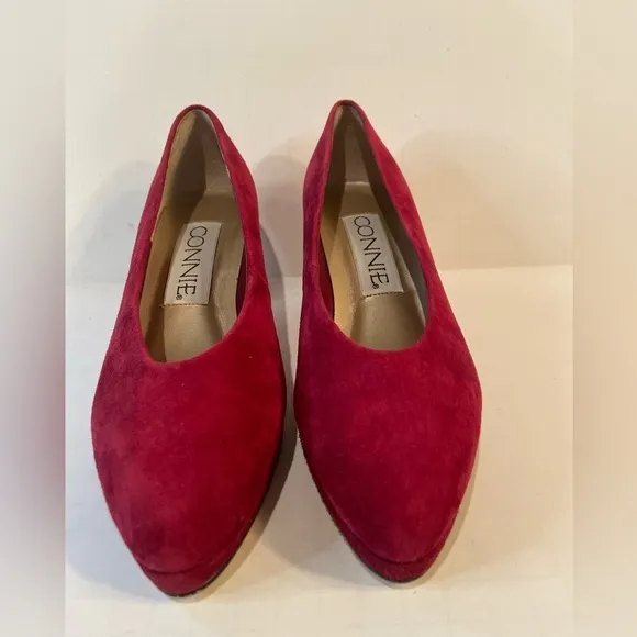 Connie~Vintage Red Suede Leather~Almond Toe~Block Heel~Wedge Slip-On~Size 6.5B
