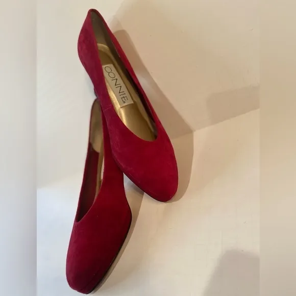 Connie~Vintage Red Suede Leather~Almond Toe~Block Heel~Wedge Slip-On~Size 6.5B