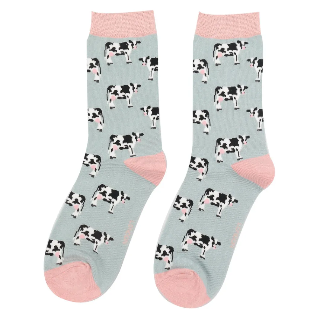 Cows Bamboo Socks in Duck Egg by Miss Sparrow, Size UK 4-7