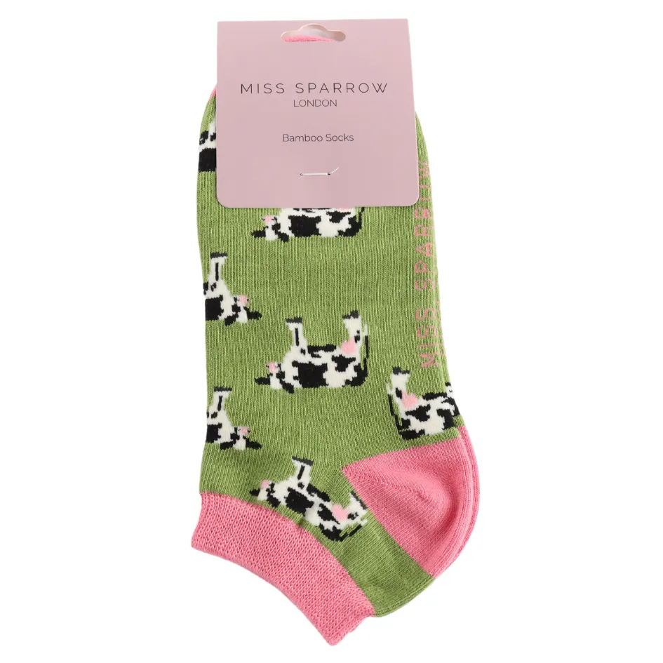 Cows Bamboo Trainer Socks in Green by Miss Sparrow, Size UK 4-7