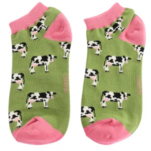 Cows Bamboo Trainer Socks in Green by Miss Sparrow, Size UK 4-7