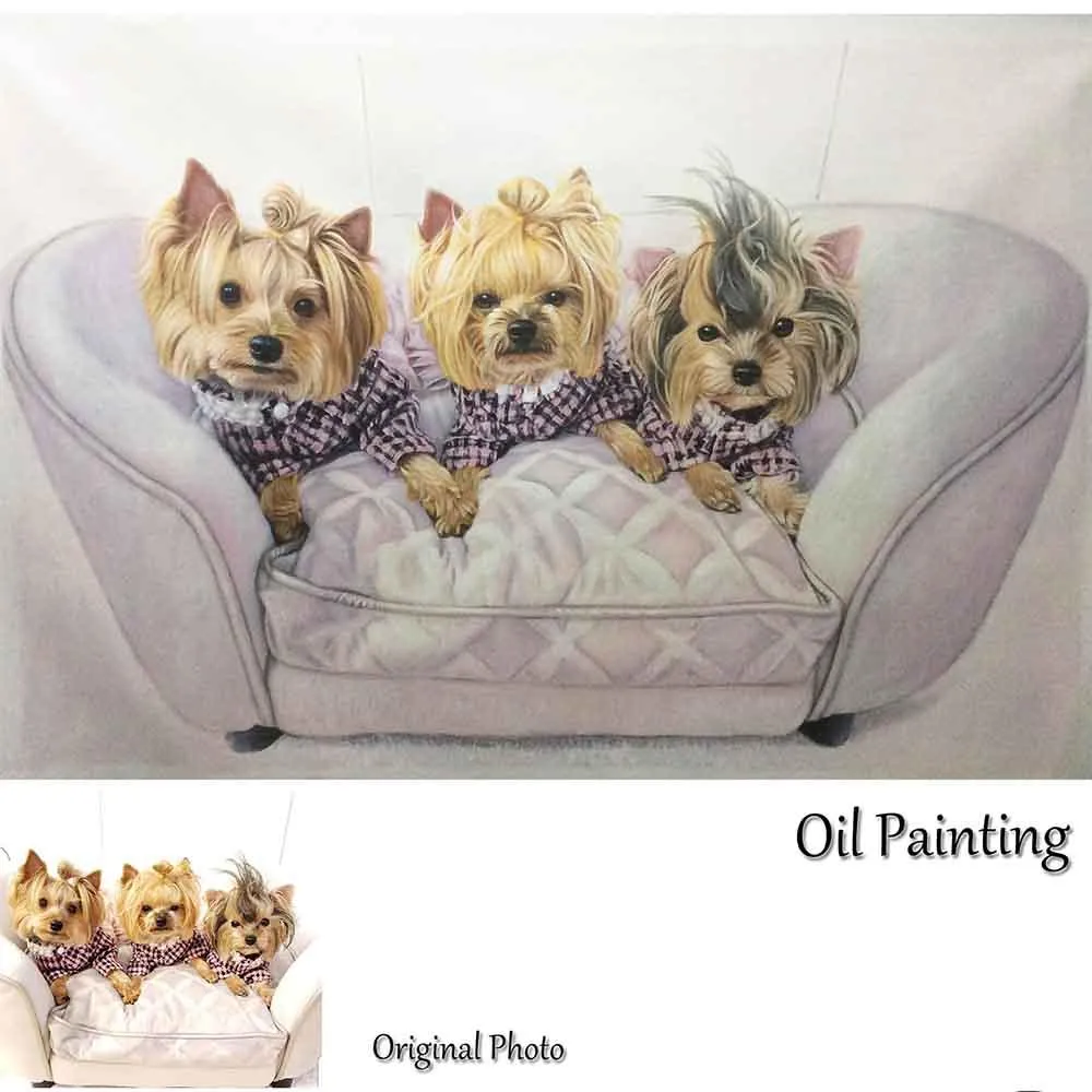 Custom Hand Painted Pet Portrait Oil Painting 1-5 Pets