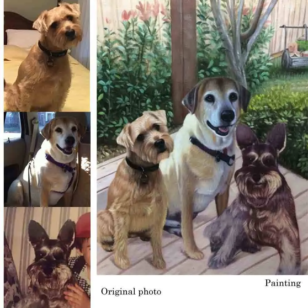 Custom Hand Painted Pet Portrait Oil Painting 1-5 Pets