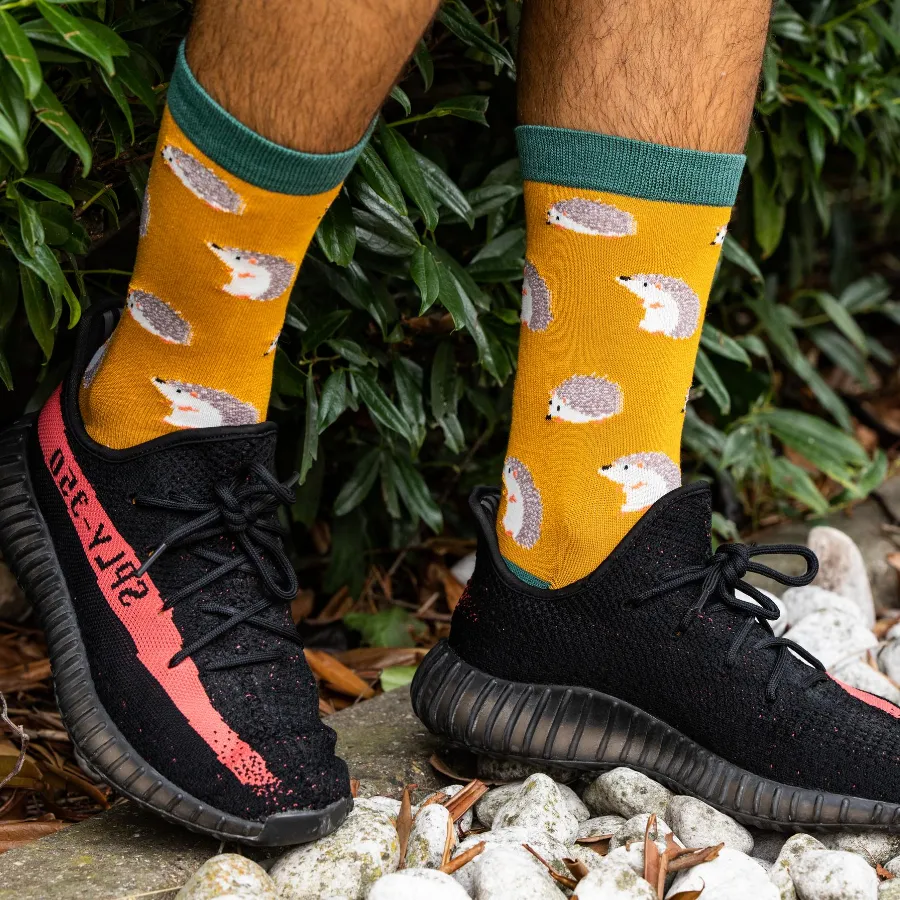 Cute Hedgehogs Bamboo Socks in Mustard by Mr Heron, Size UK 7-11