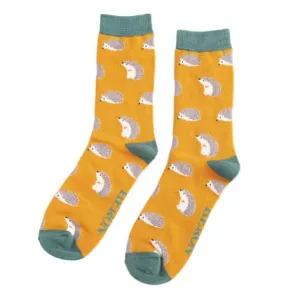 Cute Hedgehogs Bamboo Socks in Mustard by Mr Heron, Size UK 7-11