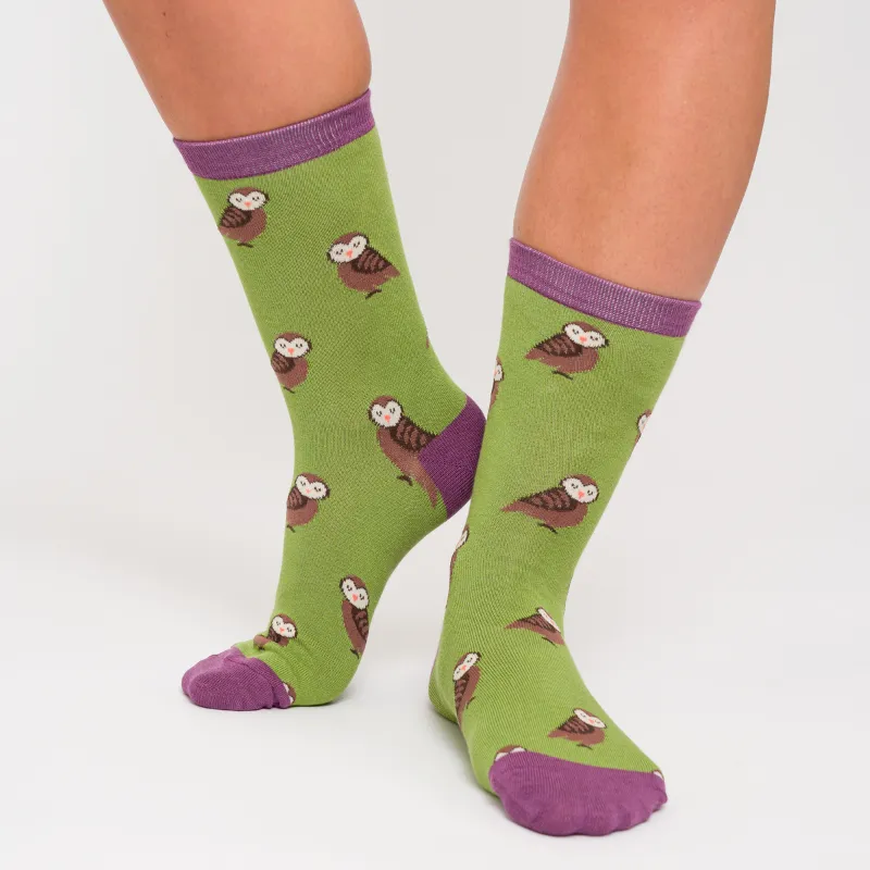 Cute Owls Bamboo Socks in Green by Miss Sparrow, Size UK 4-7