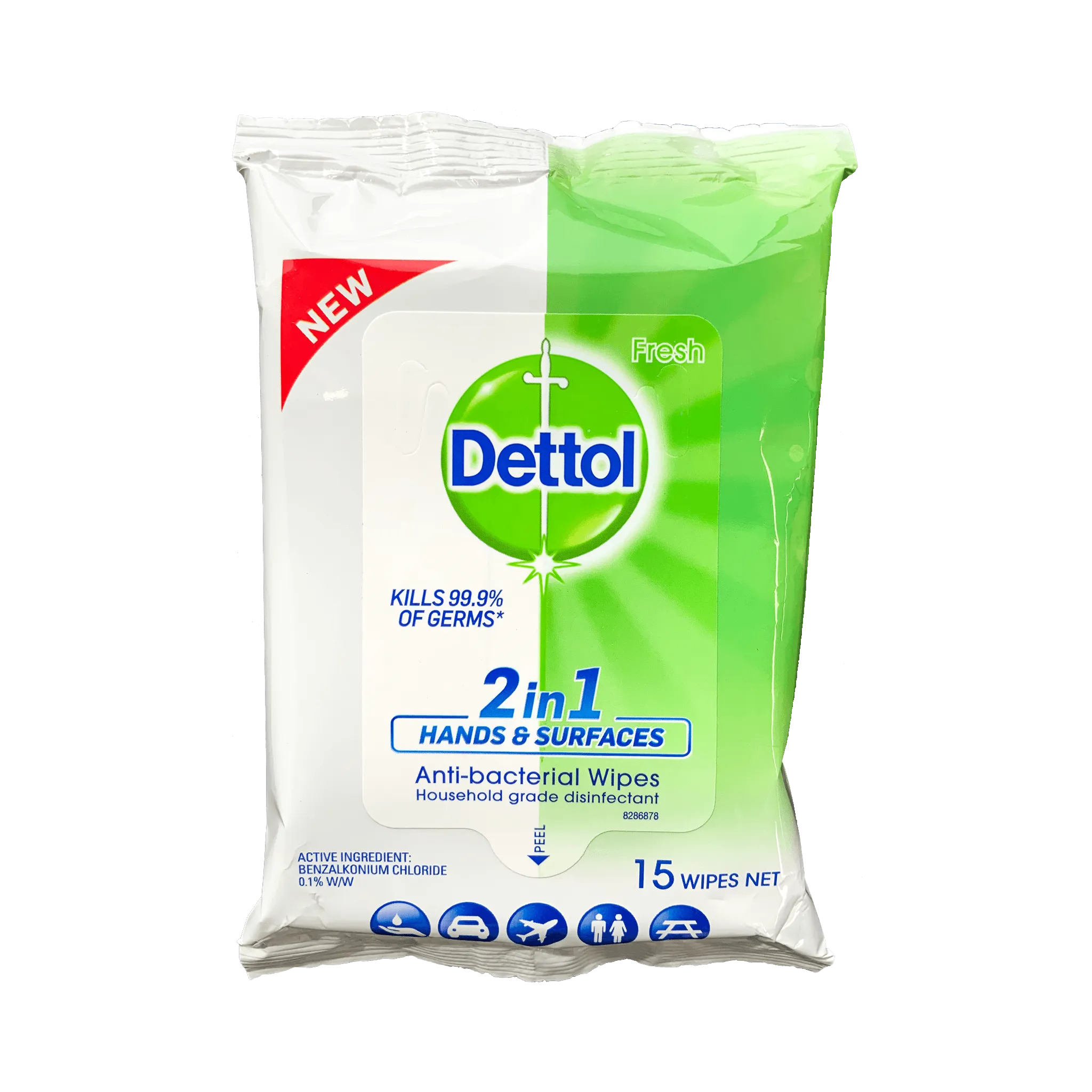 Dettol 2 in 1 Hands & Surfaces Anti-Bacterial Wipes 15 Pack