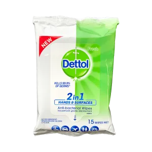 Dettol 2 in 1 Hands & Surfaces Anti-Bacterial Wipes 15 Pack