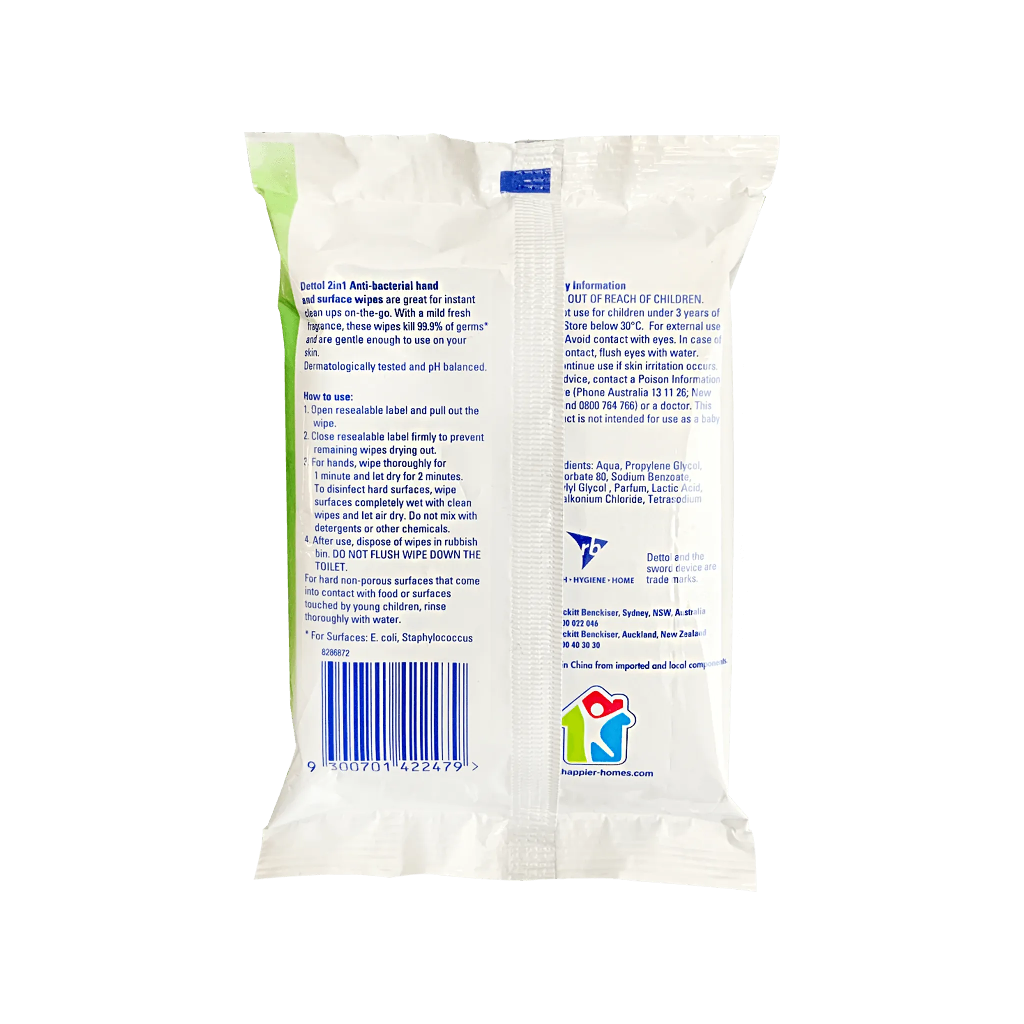 Dettol 2 in 1 Hands & Surfaces Anti-Bacterial Wipes 15 Pack