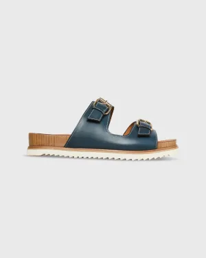 Double-Buckle Platform Slide - Navy Leather