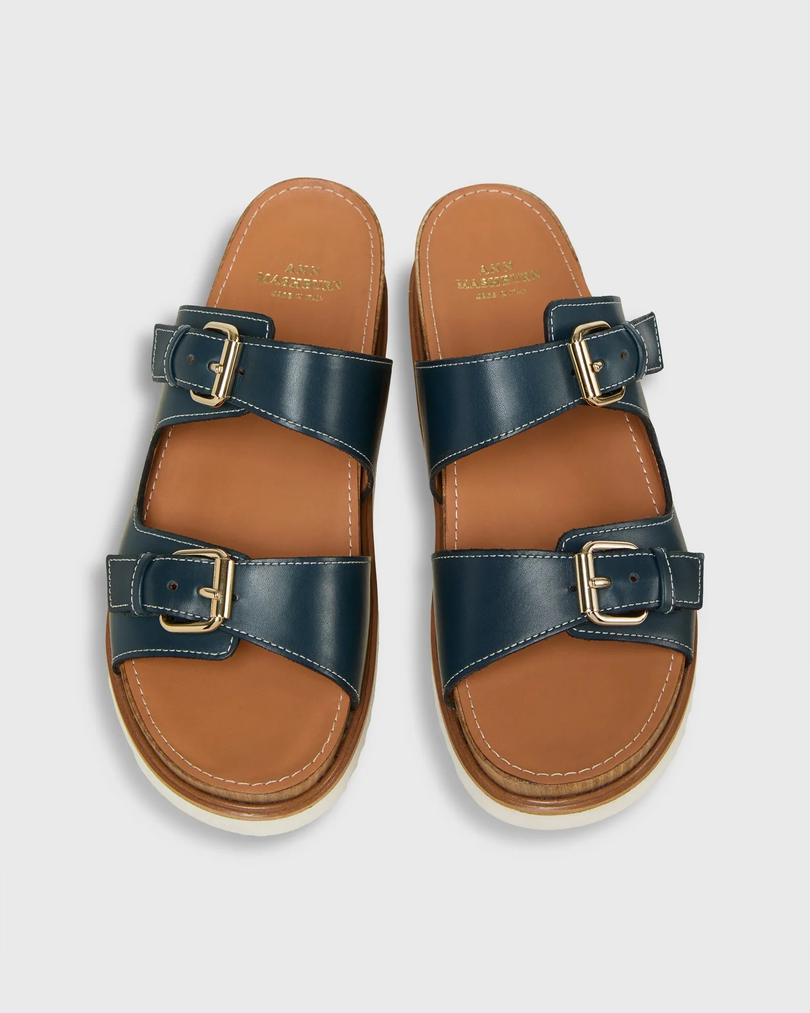 Double-Buckle Platform Slide - Navy Leather