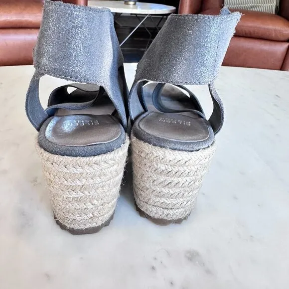 Eileen Fisher Silver Leather Willow Espradille Wedge Sandal Minimalist Size 6