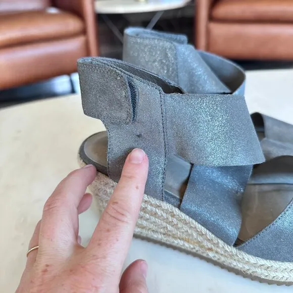 Eileen Fisher Silver Leather Willow Espradille Wedge Sandal Minimalist Size 6