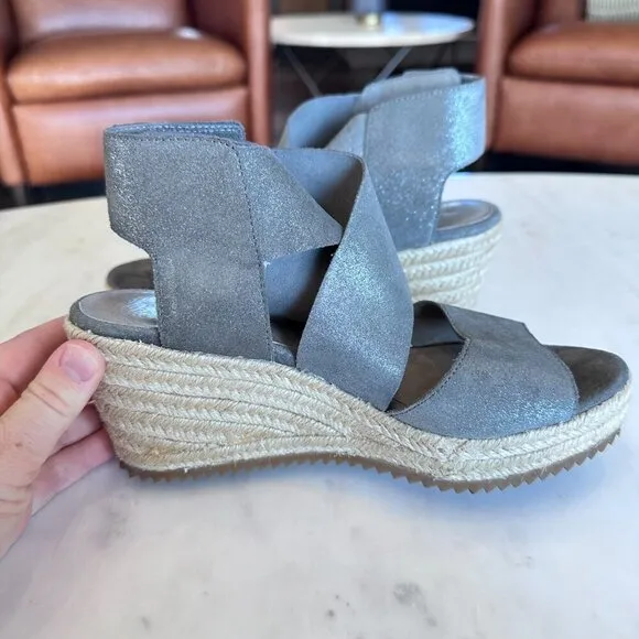 Eileen Fisher Silver Leather Willow Espradille Wedge Sandal Minimalist Size 6