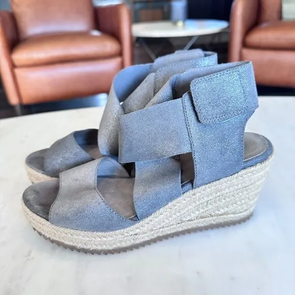 Eileen Fisher Silver Leather Willow Espradille Wedge Sandal Minimalist Size 6