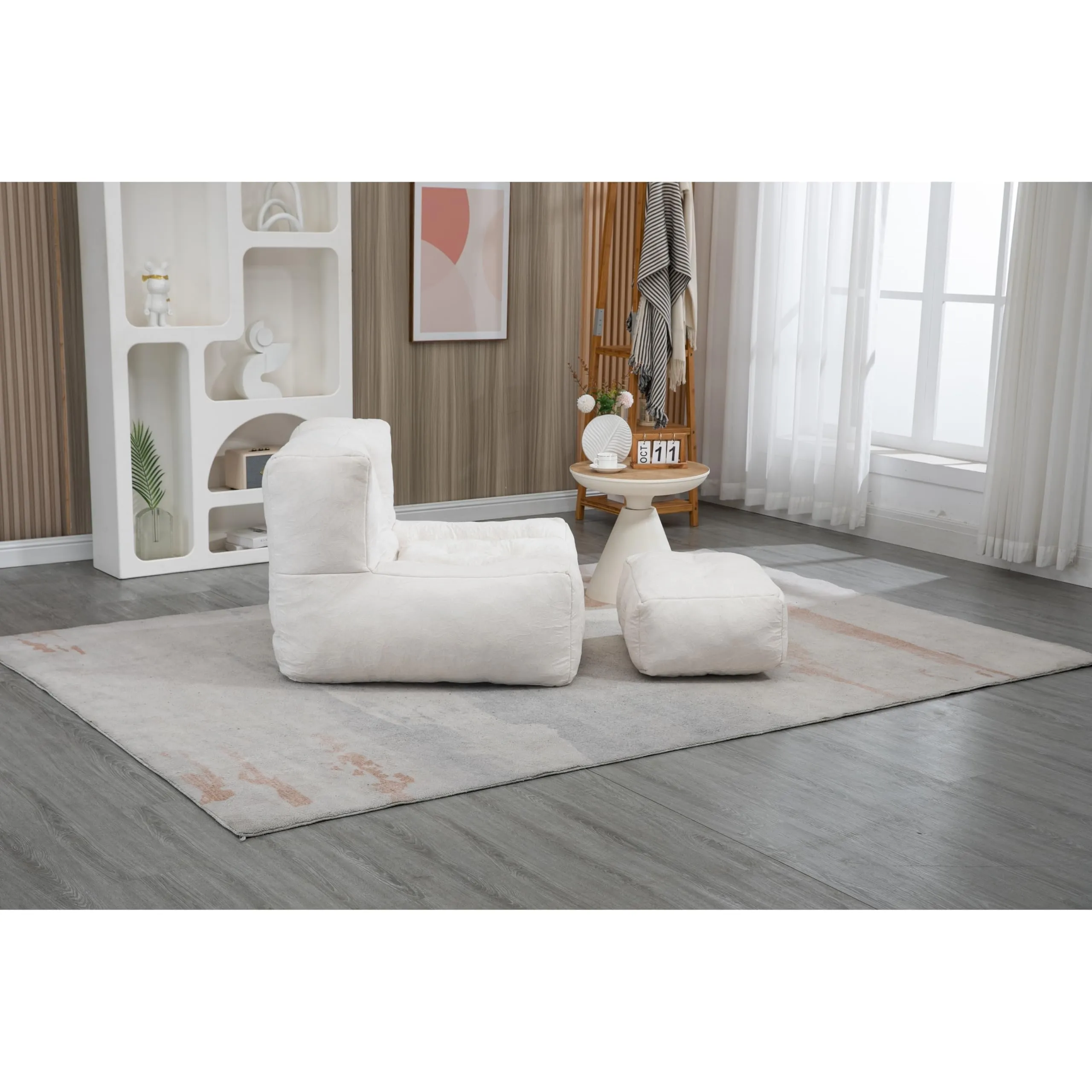 Fluffy Bean Bag hair White Lazy Sofa with Memory Foam Ottoman Solid