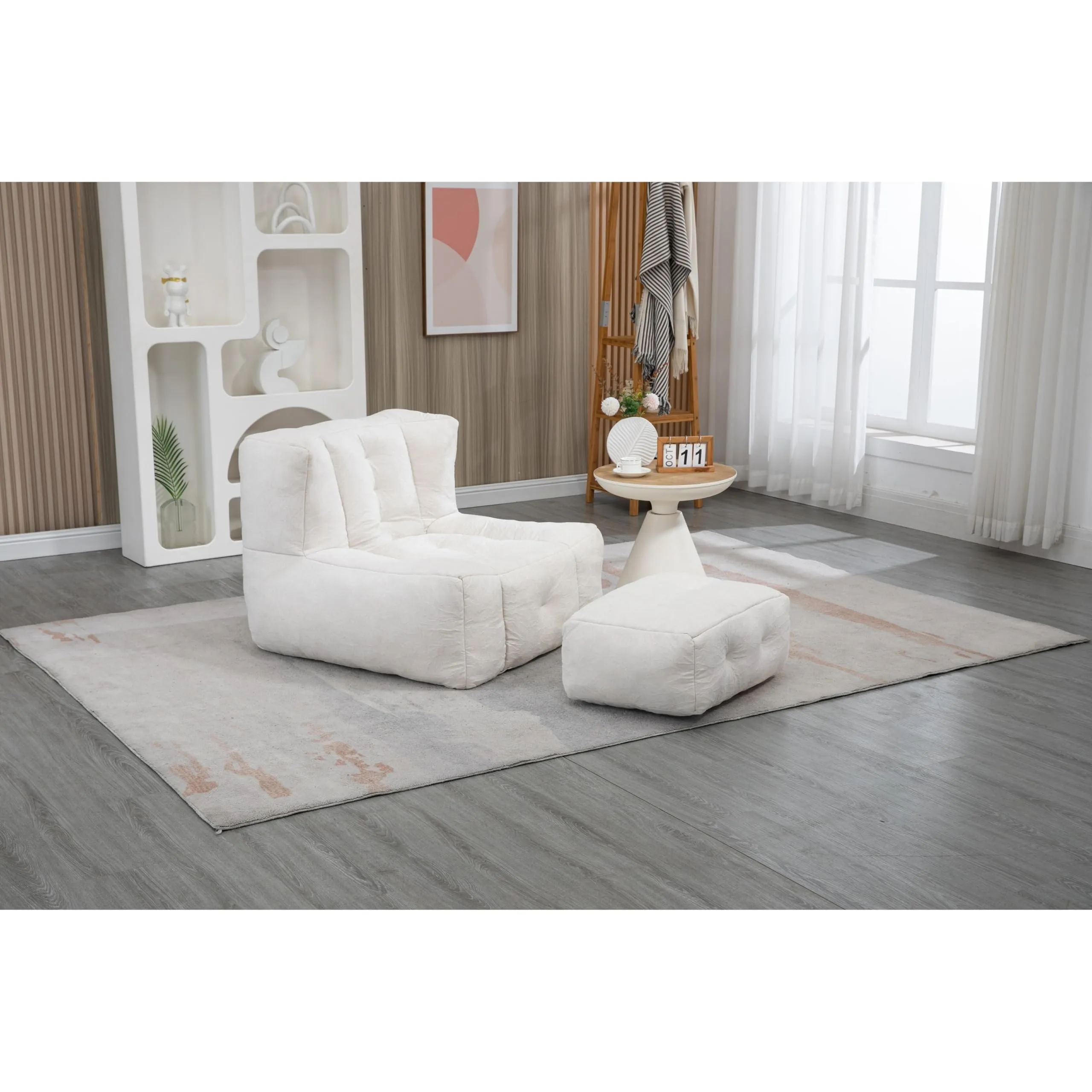 Fluffy Bean Bag hair White Lazy Sofa with Memory Foam Ottoman Solid