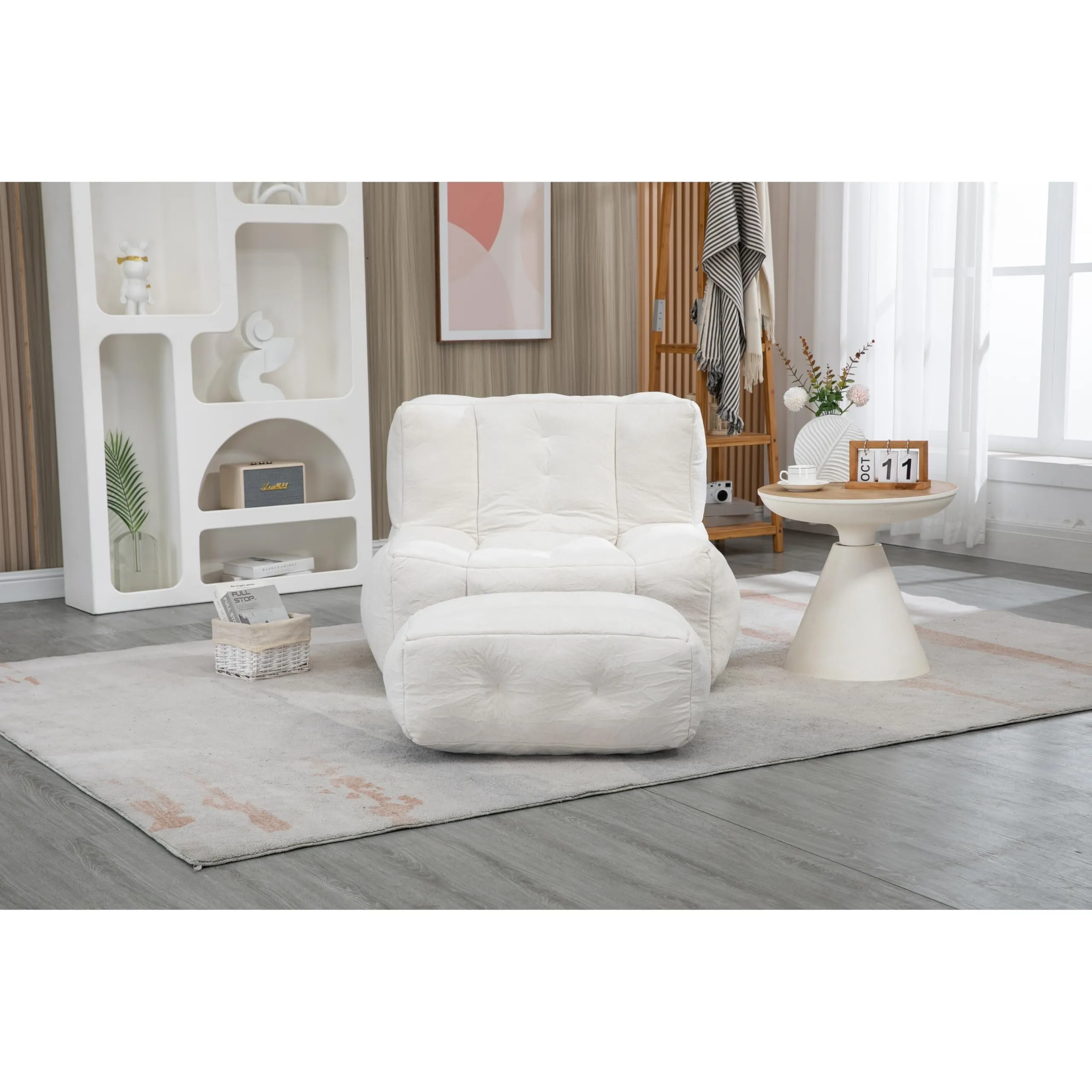 Fluffy Bean Bag hair White Lazy Sofa with Memory Foam Ottoman Solid