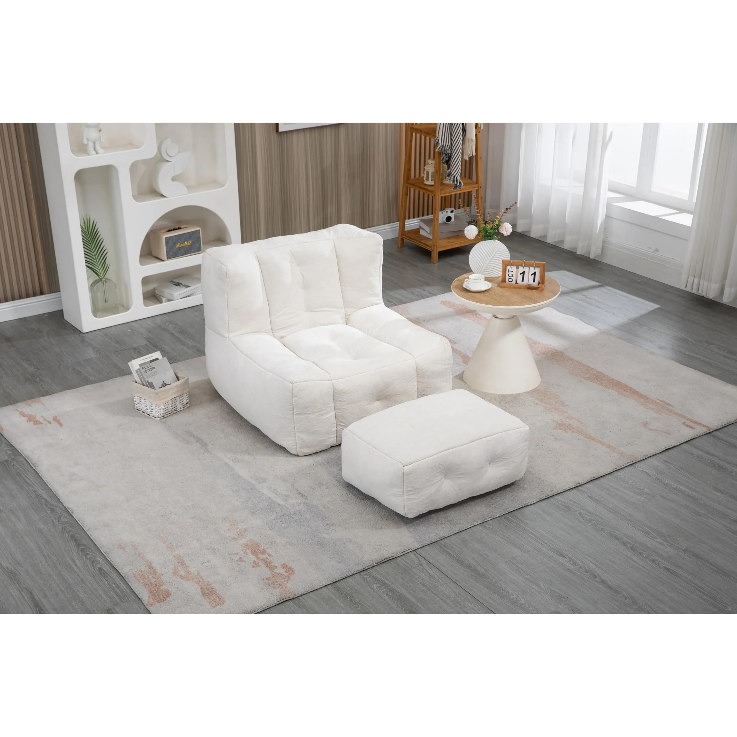 Fluffy Bean Bag hair White Lazy Sofa with Memory Foam Ottoman Solid