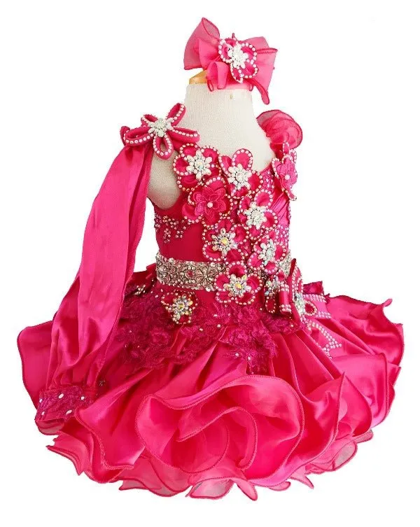 Full Hand made Baby Girl Hot Pink Cupcake Pageant Dress with Headbands